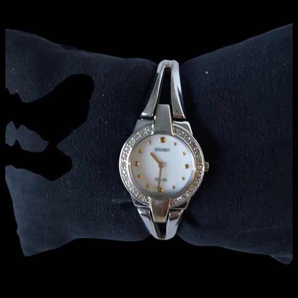 SEIKO Solar Ladies Watch Two Tone White Face Crystal Accented - Picture 6 of 13